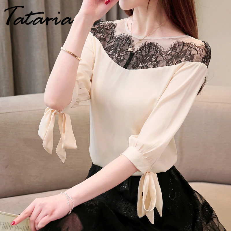 

Tataria Women's Tops and Blouses Short Sleeve Women Chiffon Lace Blouse Summer Casual Solid O-neck Half Sleeve Elegant Blouses