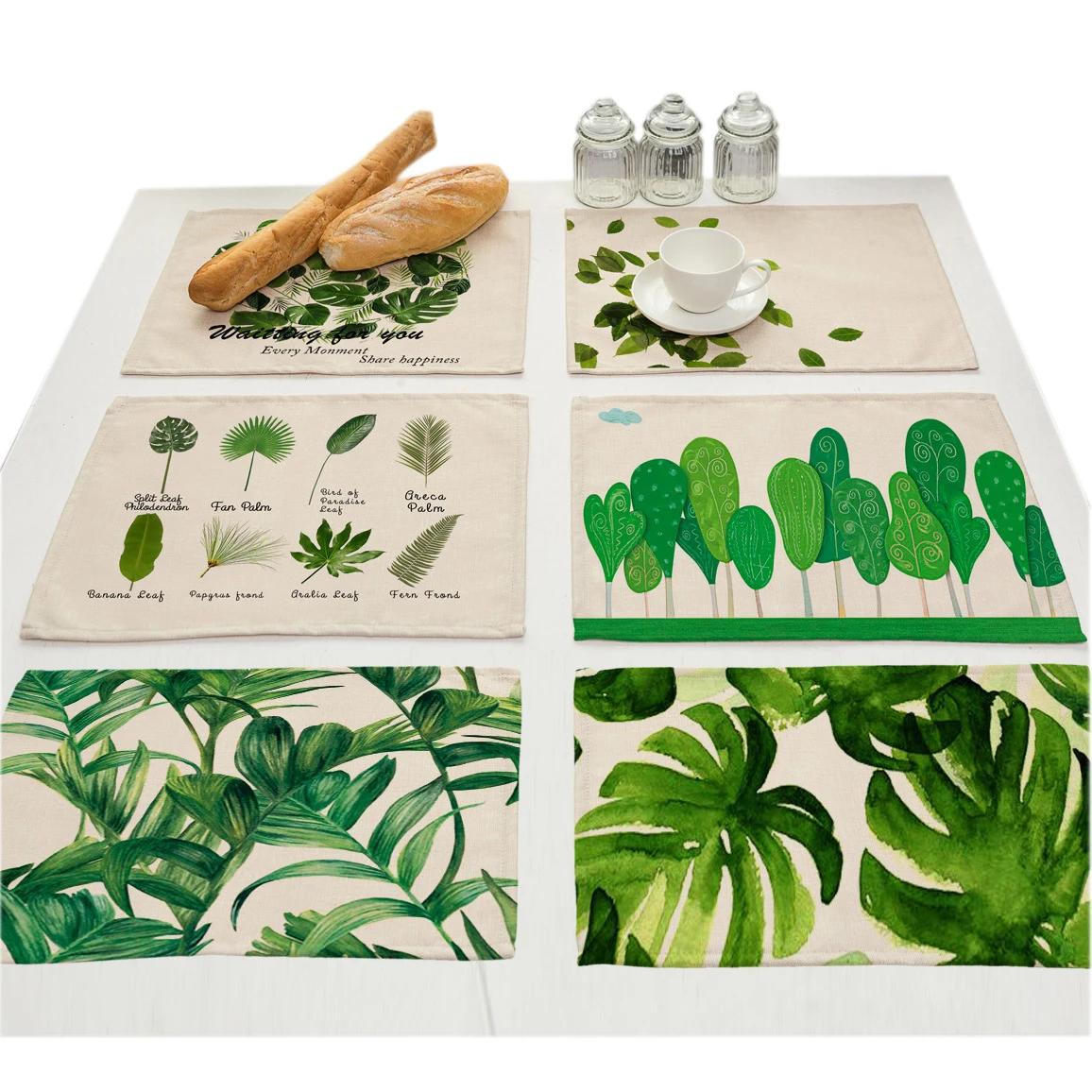 

Green Leafs Banana Leaf Trees Plant Flower Printed Linen Coasters Cloth Placemats Decorative Table Mats Waterproof Cup Pot Pad