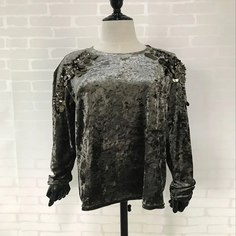 

Elegant Women Fashion Velvet Shirts Sequins Long-sleeved Velvet Blouses Shirt