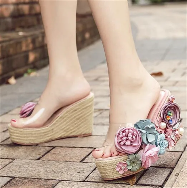 

PXELENA Designer Handmade Flower Beads Summer Slippers Women Transparent PVC Wedge High Heel Platform Slides Date Party Shoes