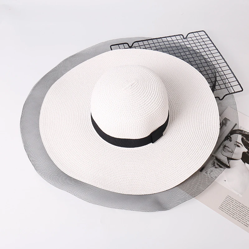 Летняя широкополая шляпа от солнца, соломенная шляпа, летние шляпы для женщин, черная полоса, широкая сторона, тонкая марлевая Лоскутная бумага, плетеная Панама шляпа