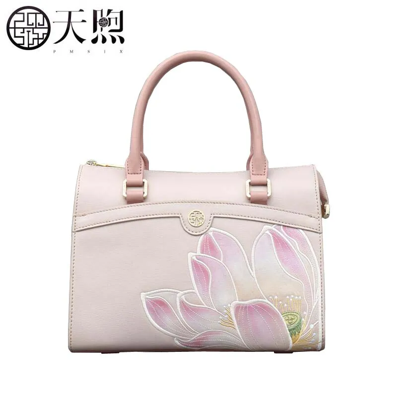 Pmsix новые женские сумки из натуральной кожи воловья кожа сумки модная вышитая сумка роскошная женская кожаная сумка - Цвет: Pink
