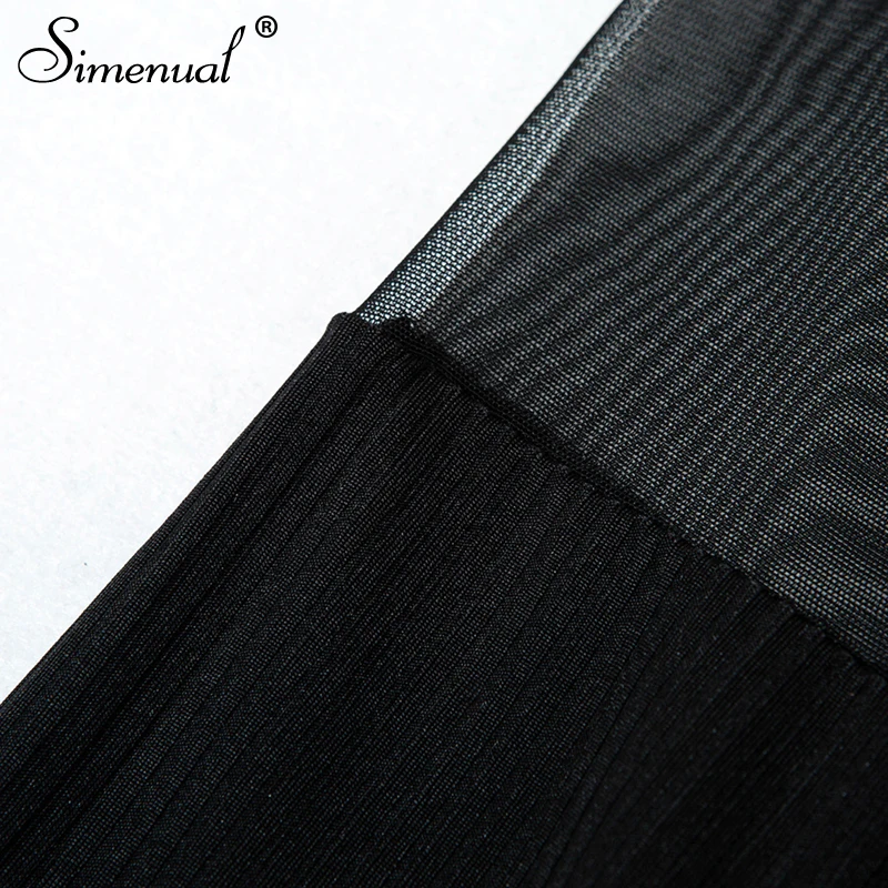 Simenual Patchwork mesh t-shirt female crop top 2018 fashion transparent sexy black t shirt women long sleeve slim t-shirts tops