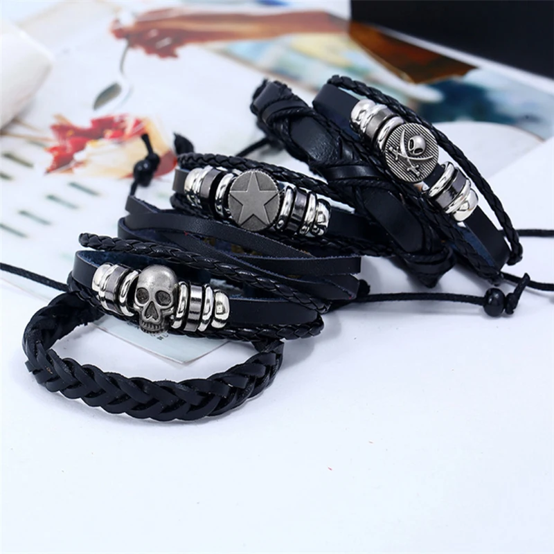 Vintage Punk Wrap Bracelet Men 6pcs/set Multilayer Leather Braided Charm Bracelets For Women Wristband Jewellery Drop Shipping