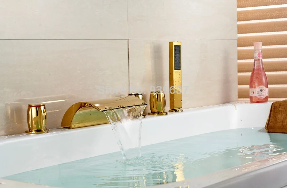 

Gold Polish Bath Tub Faucet Three Handles Mixer Tap With Handshower Countertop