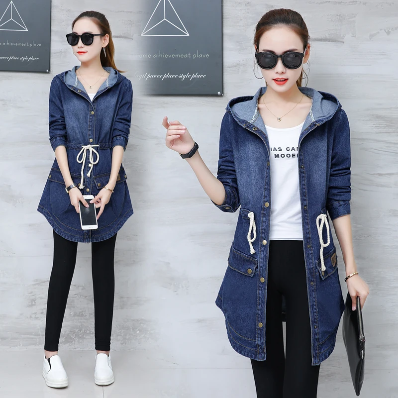 remarkable 2019 New Spring/Autumn Women's Jeans Jacket Slim Long Sleeve Hooded Denim Outerwear Single Breasted