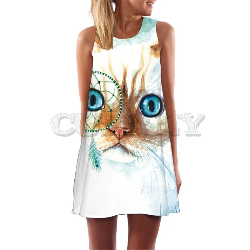 Image Womens Summer Dresses 2019 Fire Cat Floral Print Mini Club Party Dresses Sexy Sleeveelss A Line Boho Short Beach Dress Sundress