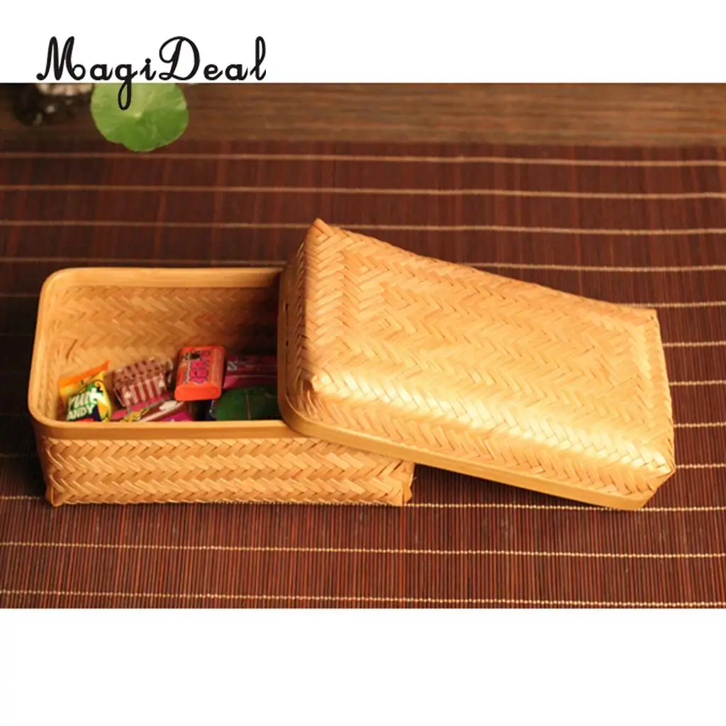 Bamboo Storage Basket Tray Food Hamper Bread Fruit Tea Box Organizer w/ Lid