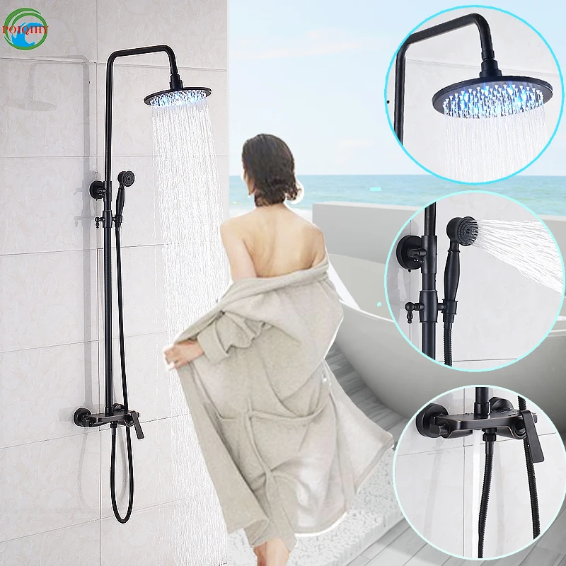 

POIQIHY Multiple Sizes Oil Rubbed Bronze Bathtub Bathroom Mixer Tap Shower Faucet Set LED Light Round Shower Head+Handheld head