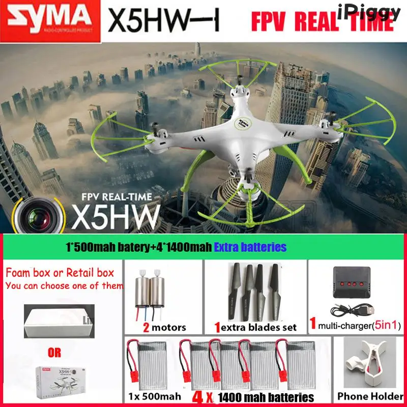 

SYMA X5HW FPVWIFI Camera RC Quadcopter Drone 2.4G 6-Axis RC Helicopter VS Syma X5SW Upgrade with 5 battery + 5in1 Cable