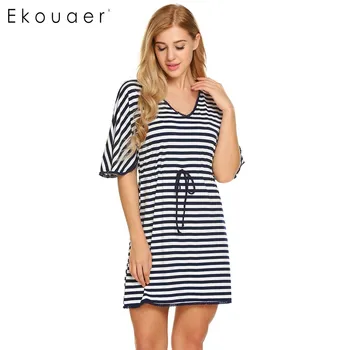 

Ekouaer Fashion Stripe Nightgown Women V-Neck Short Sleeve Lace Trim Nightwear Summer Casual Elastic Band Mini Sleepwear Dress