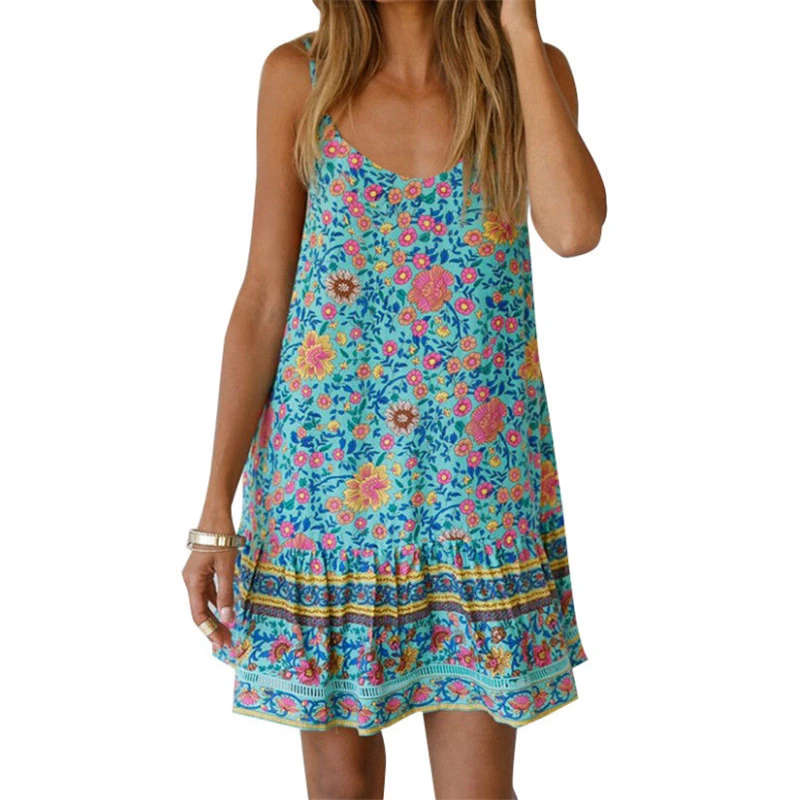 

New Women Summer Casual Loose Sleeveless Halter Floral Boho Dresses Party Evening Beach V neck Dress Fashion Sexy Mini Dresses