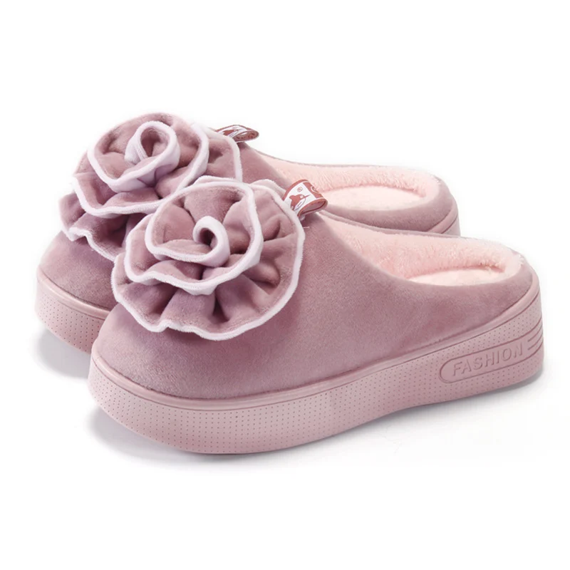 

High-heeled Thick-soled Cotton Mop Ladies Half-pack With Home Shoes Wedges Warm Cotton Slippers Women's Cute Flower Slippers