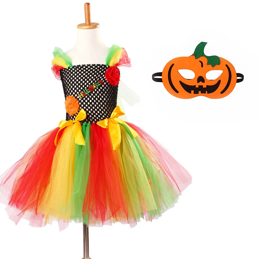 Halloween TUTU Dress with Pumpkin Mask Rainbow kids Birthday Dress Girls TUTU Princess Photo Prop (2)