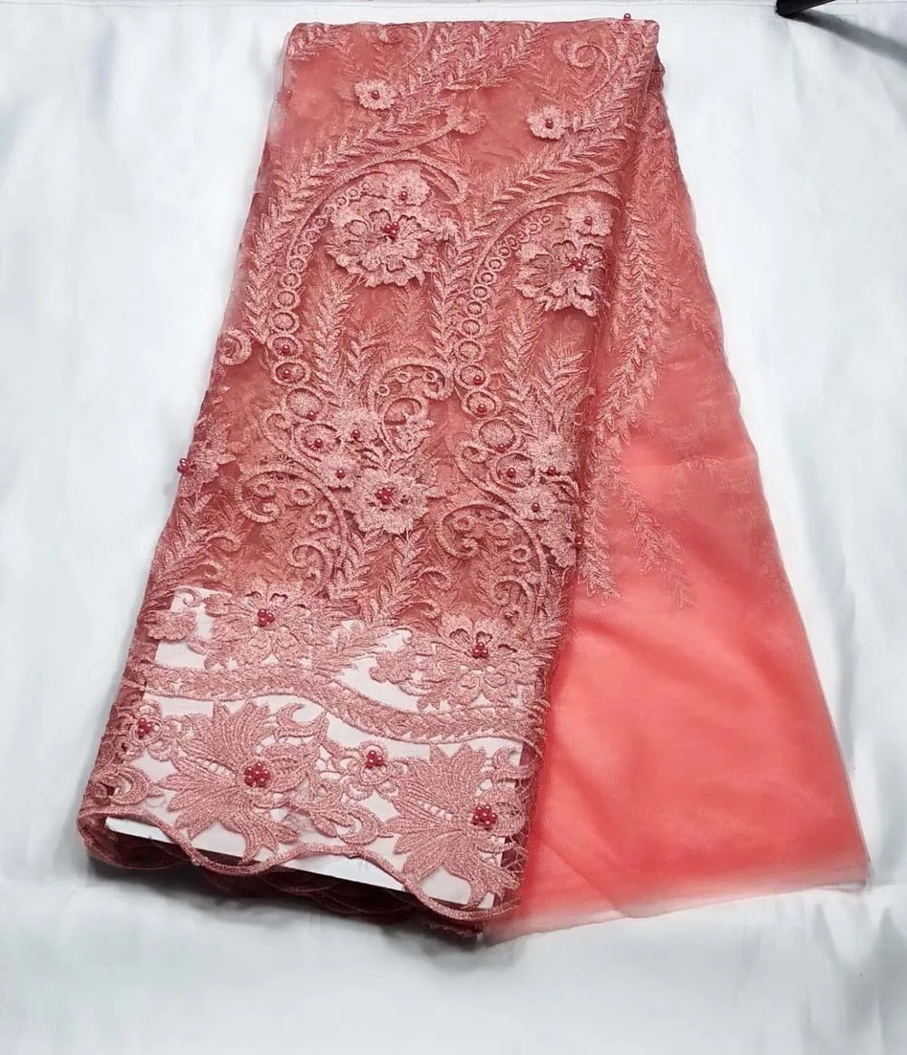 

High Quality African French Lace Fabrics peach Net Embroidery beads Tulle Lace Fabric For Nigerian Wedding Party Dress