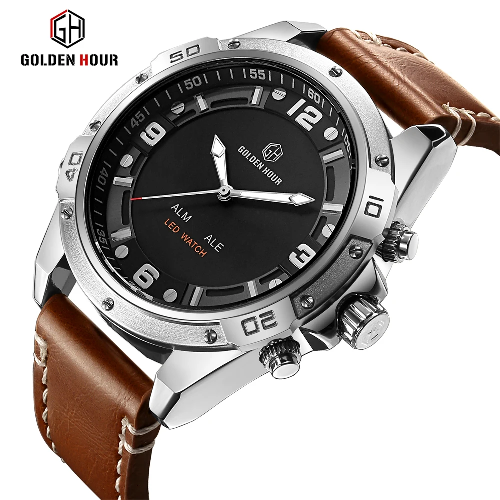 GOLDENHOUR Sport Uhren Männer Quarz Analog LED Leder Militärische Wasserdichte Uhr geschenk_voghion.com