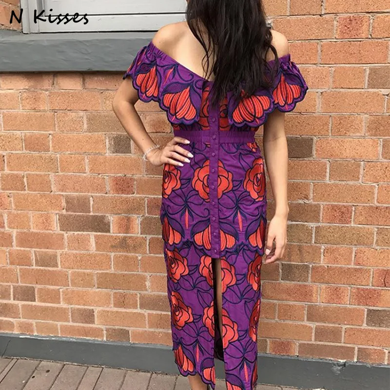 

New Arrival Luxury Brand 2017 Women Fashion Slash Floral Long Dress Defined Waist Embroidery Dress