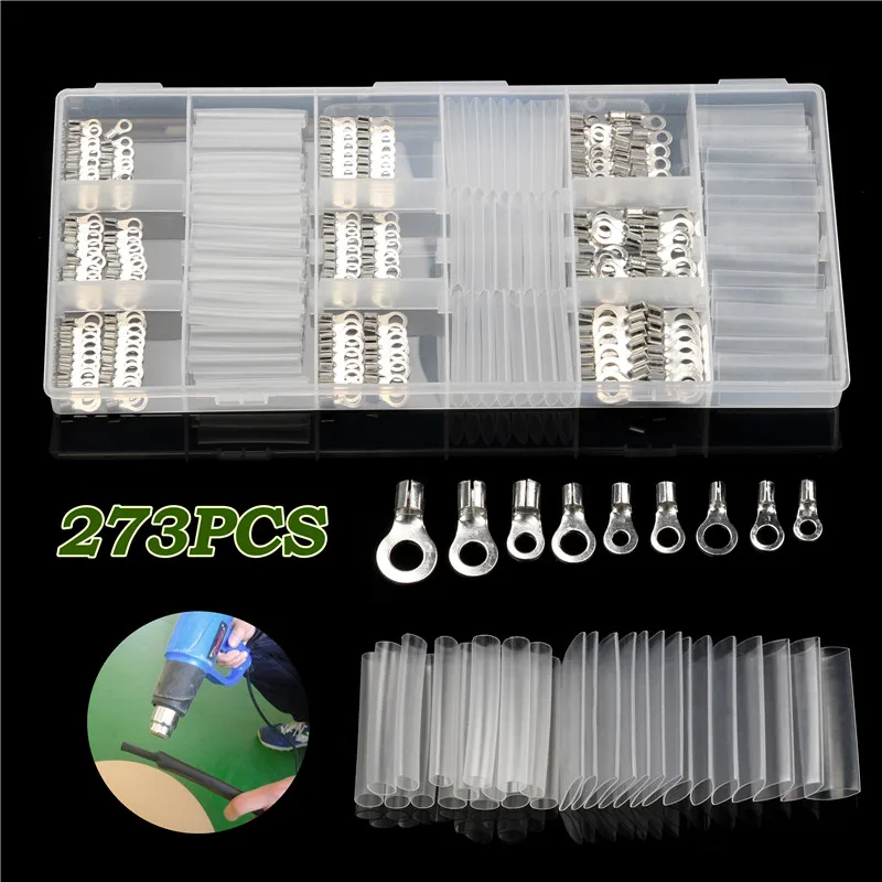 

273 PCS Bare Terminal Non-Insulated Ring Type Wire Connectors Clear Heat Shrink Shrinkable Sleeve Tube Connector Assorted Kit