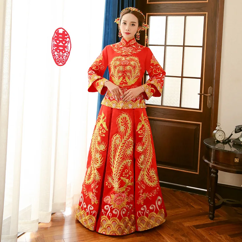 

Dragon Gown Bride Chinese Style Costume Phoenix Cheongsam Evening Dress Traditional Chinese Wedding Dress Red Qipao Embroidery