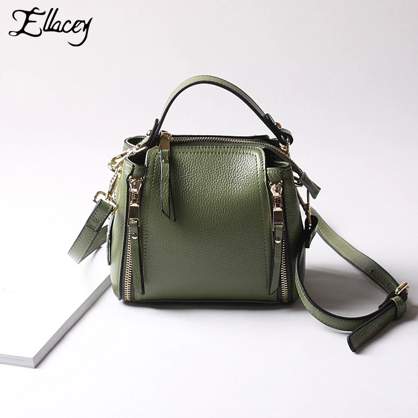 

Ellacey New 2019 Genuine Leather Handbags Women Double Zipper Shoulder & Crossbody Bags Bucket Cow Leather Small Messenger Bags