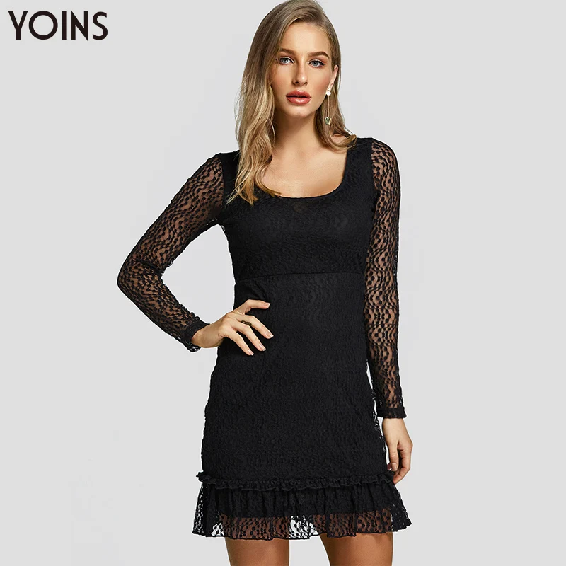 

2019 YOINS Women Dress Summer Autumn Sexy Lace Dresses Black Backless Ruffle Hem Vintage Bodycon Long Sleeve Vestido Party Tunic