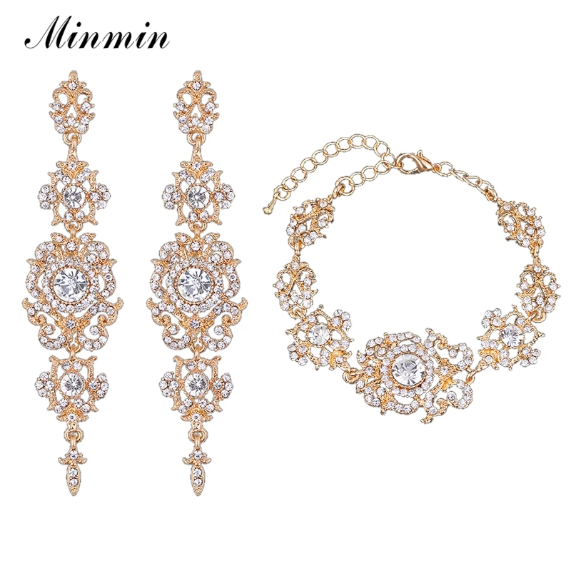 Minmin Gold / Silver Color Crystal Rhinestone Wedding Jewelry Զամբյուղներ ձեռնաշղթա Ականջօղեր հավաքածուն հարսնաքույրների հարսանիքի կուսակցության EH182 + SL031