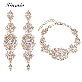 

Minmin Gold/Silver Color Crystal Rhinestone Wedding Jewelry Sets Bracelet Earrings Sets for Brides Bridesmaid Party EH182+SL031