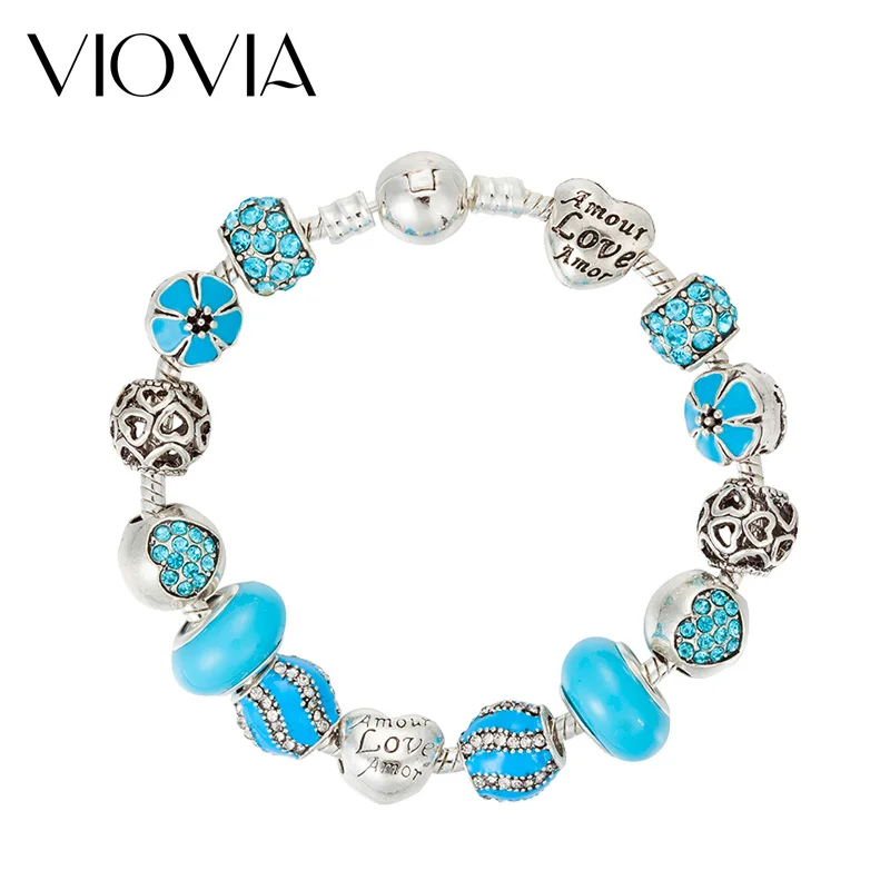 

VIOVIA A Variety of Design Charm Bracelet With Love Heart Charm Bracelet & Bangle Blue Crystal Bead Female Jewelry Gifts B17023