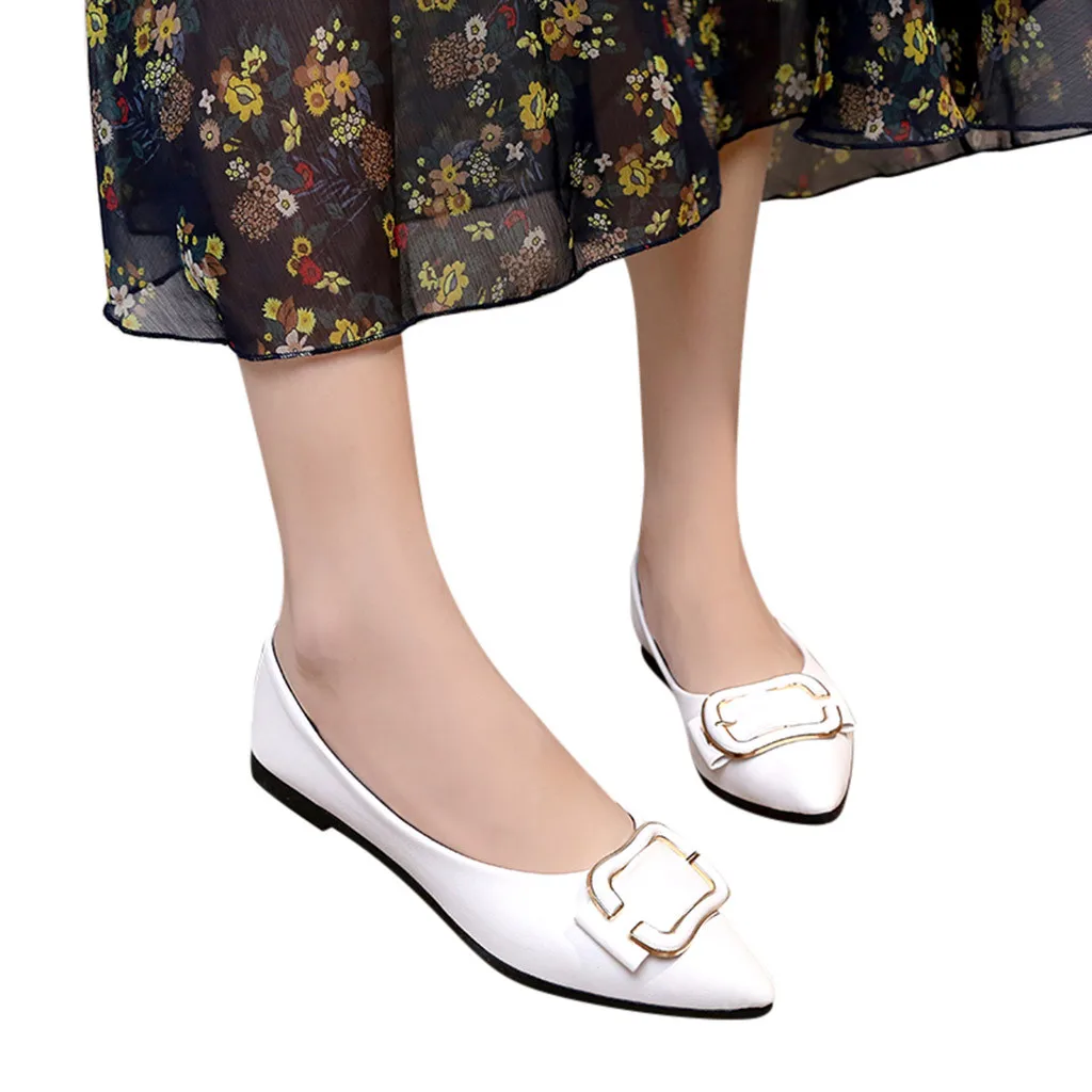 

Big Size Women's Solid Pointed Toe Metal Button Good Quality Flat Casual Loafers Single Shallow Shoes New Style 10