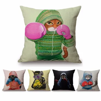 

18" Boxing Cat Home Decor Sofa Cushion Cats in Hoodies Cotton Linen Cute Animal Car Pillow Chair Seat Car Pillow Black Cushion