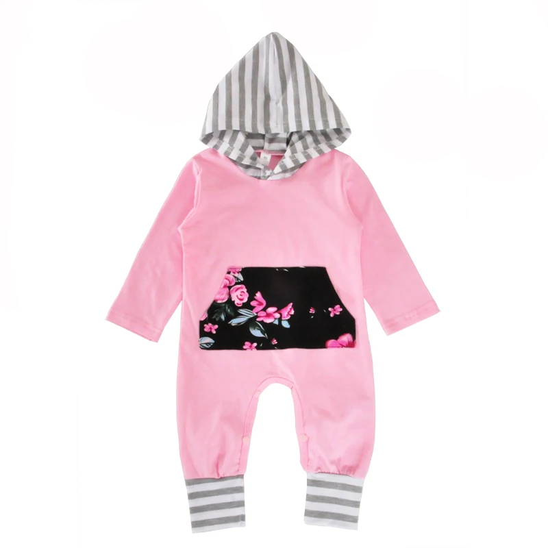 Baby Girl One Piece Rompers Spring Fall Flower Striped Long Sleeve Newborn Romper Jumpsuit Pink