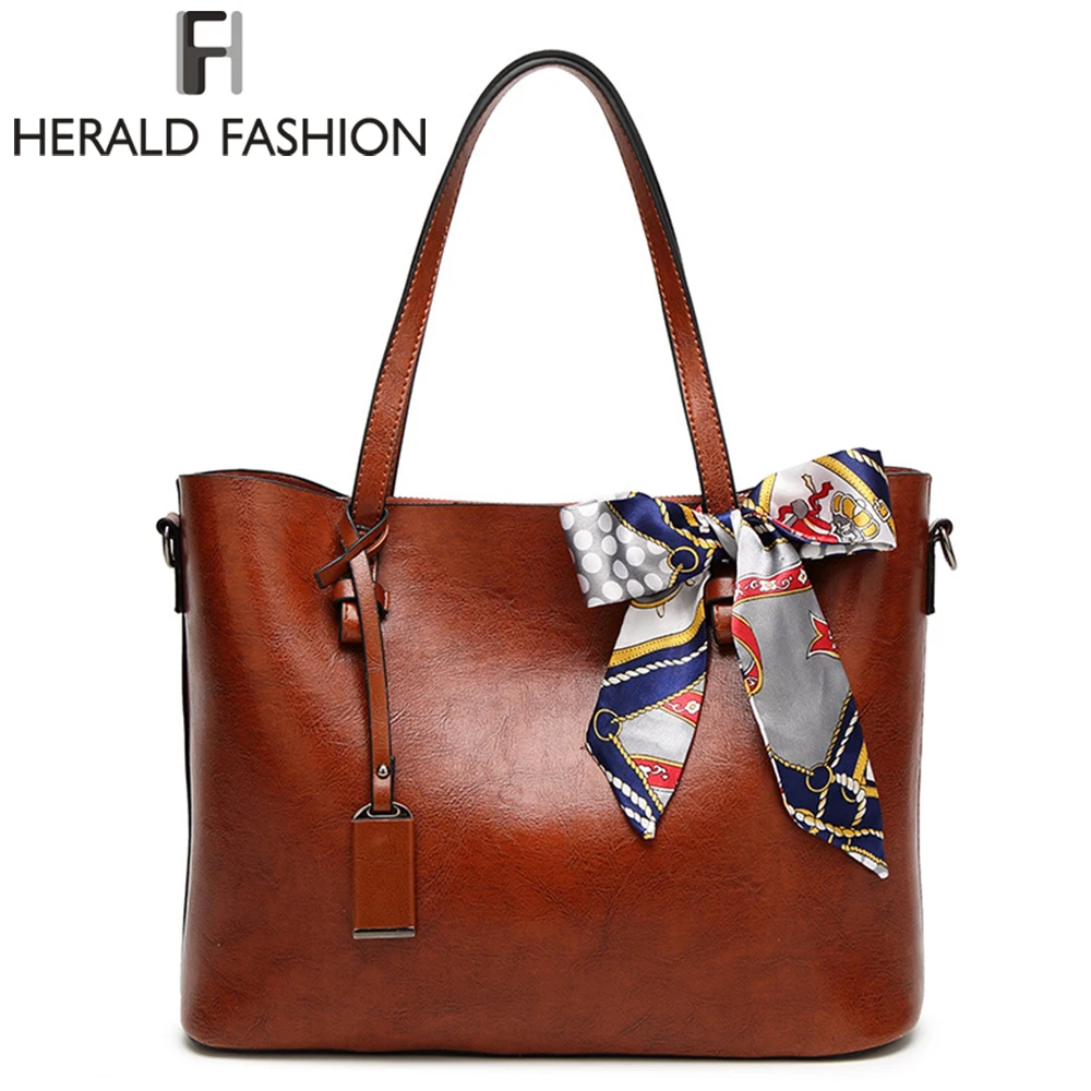

HERALD FASHION Woman Luxury Leather Handbags With Scarf Female Causal Shoulder Bags Large Capacity Women Totes Vintage Lady Bag
