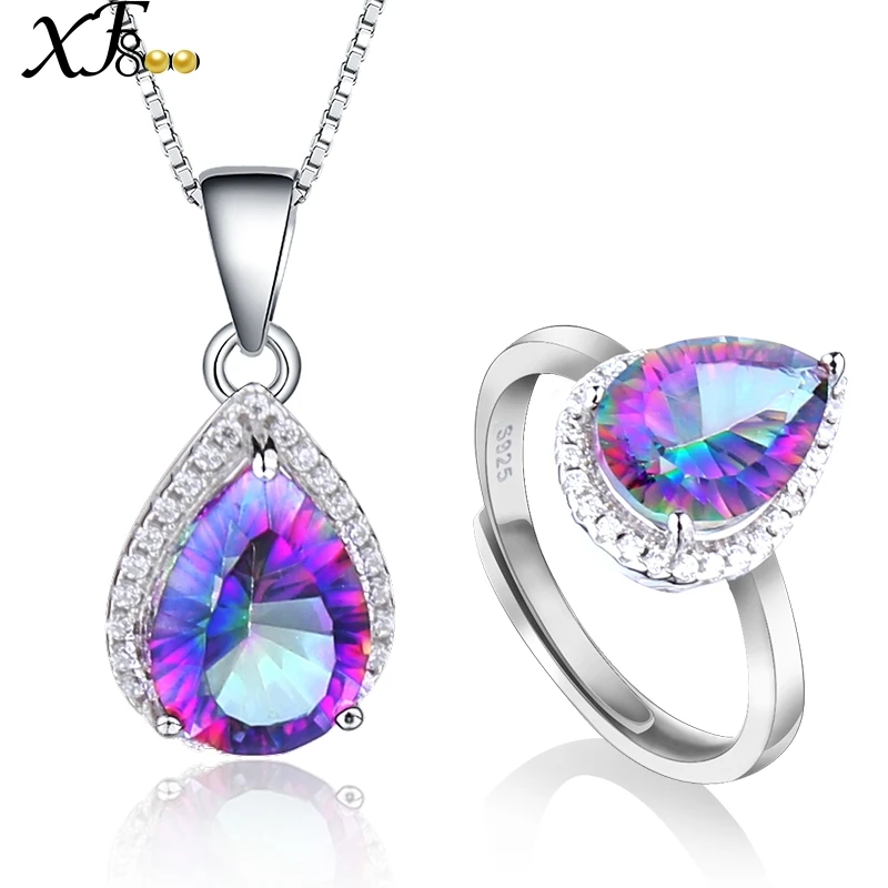

XF800 925 Sterling Silver Jewelry Hot Women's Pear Genuine Gem Stone Rainbow Mystic Topaz Pendant Crystal Wedding Party [T236DJ]