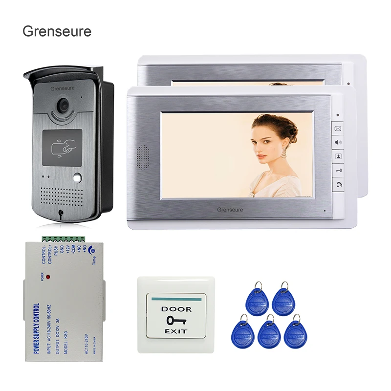 

FREE SHIPPING New 7" LCD Color Screen Video Door Phone Intercom System + 2 Monitor + 700TVL RFID Access Outdoor Camera In Stock