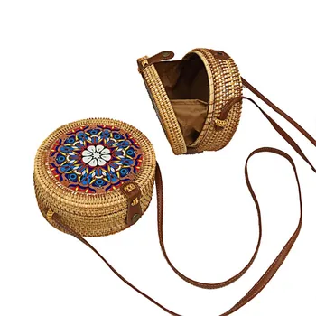 

Women's Bohemian Rattan Bag Flower Printed Round Straw Crossbody bag Hand-woven Shoulder Bag Simple Retro