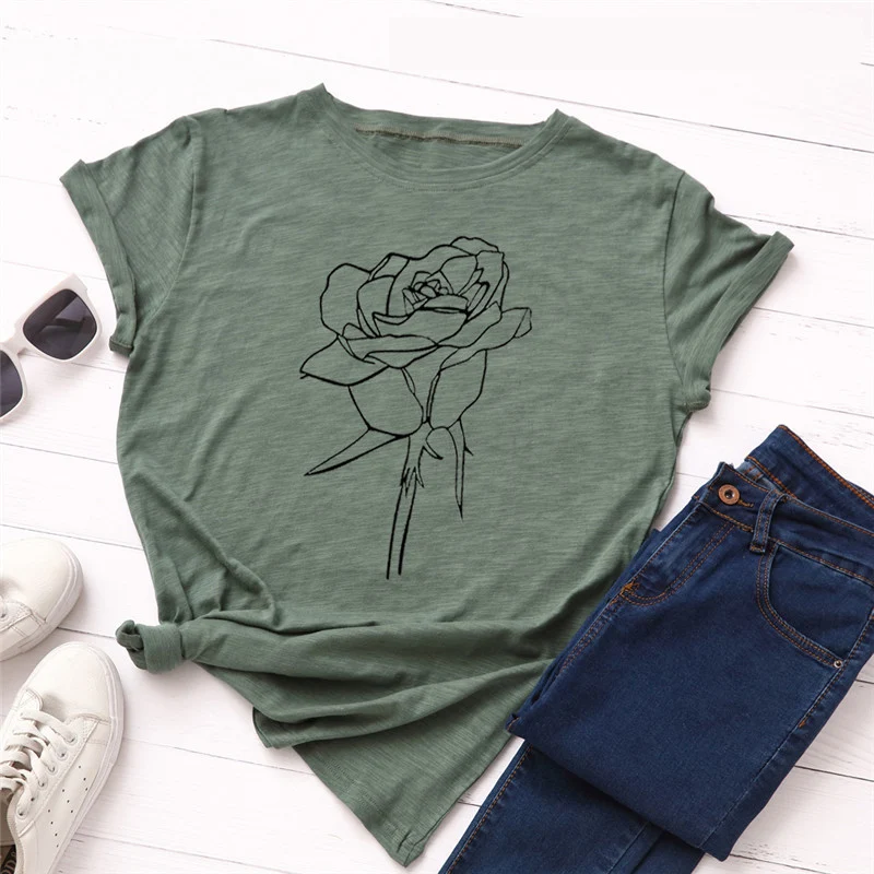Модная женская футболка с принтом розы размера плюс 5XL, хлопок, круглый вырез, короткий рукав, летняя футболка, топы, Повседневная футболка, женские рубашки - Цвет: A0506-junlv