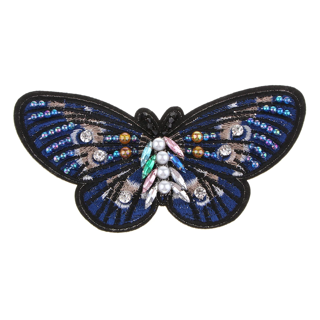 Crystal Pearl Beaded Patches Butterfly Style Clothes Embellishments Embroidery Applique Decorations for Repair/Design