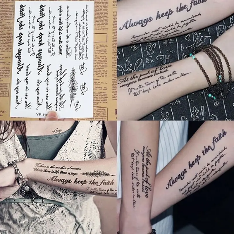 Черные буквы перо тела Искусство татуировки Стикеры Водонепроницаемый для Временные татуировки Временные английское слово татуировки