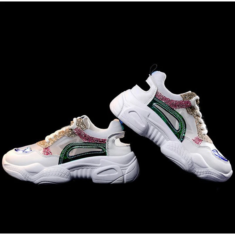 Women Summer Mesh Sneakers Breathable Bling Casual Shoes Vulcanized Female Lace Up Comfortable Casual Platform Shoes Ladies