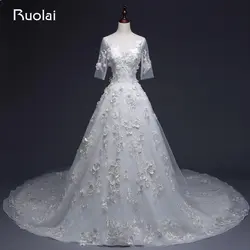 Настоящая фотография элегантный Свадебные платья длинным шлейфом Половина рукава Sheer Кружево 3D цветок бисером-line свадебное платье; Robe De