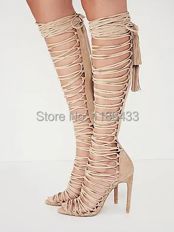 Fashion strap ultra high heels women knee high summer boots sandals sexy lace up gladiator sandal boots with back tassels