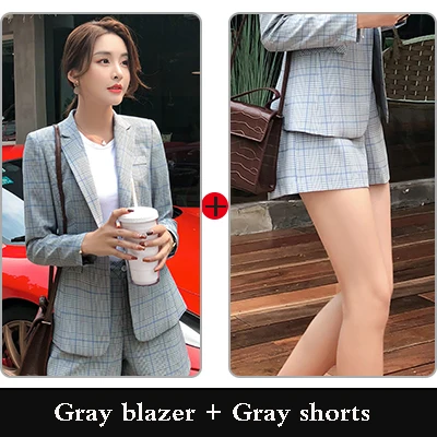 Комплект из двух предметов, брючный костюм для девушек, деловой стиль, повседневный стиль, шорты, костюмы для женщин, высокое качество, абрикосовый клетчатый Блейзер, комплект, плюс размер - Цвет: Gray Plaid suits