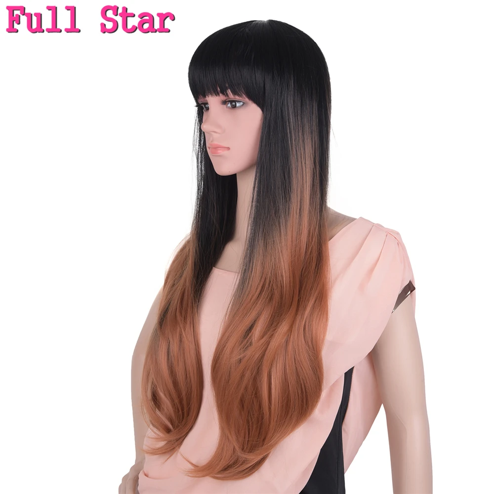 

Full Star Brown With Bang Wigs High Temperature Fiber 24 Inch 280g No Lace Full Head Nature Wave Long Ombre Gray Synthetic Wig