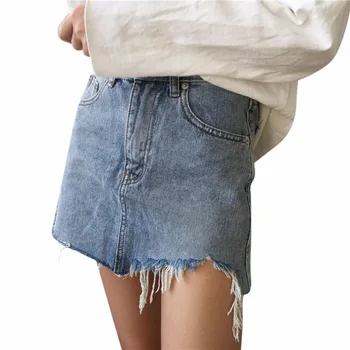 

Summer Women Fashion Pencil Skirt High Waist Washed Skirts Irregular Edges Denim Skirts All Match Mini Skirt