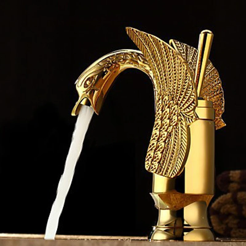 

Free Shipping Gold Bathroom Faucets Hot 360 single lever bathroom faucet golden swan basin sink faucet mixer tap  LH-1357