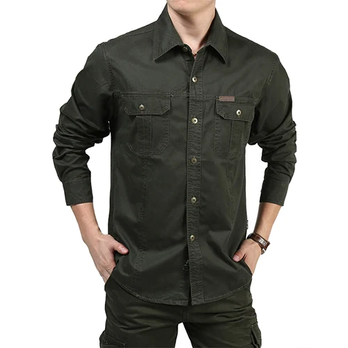 TACVASEN Men Cargo Shirts Summer Long Sleeve Cotton Work Shirts Military Army Tactical Shirts Solid Loose Man Clothing Plus Size - Цвет: Green