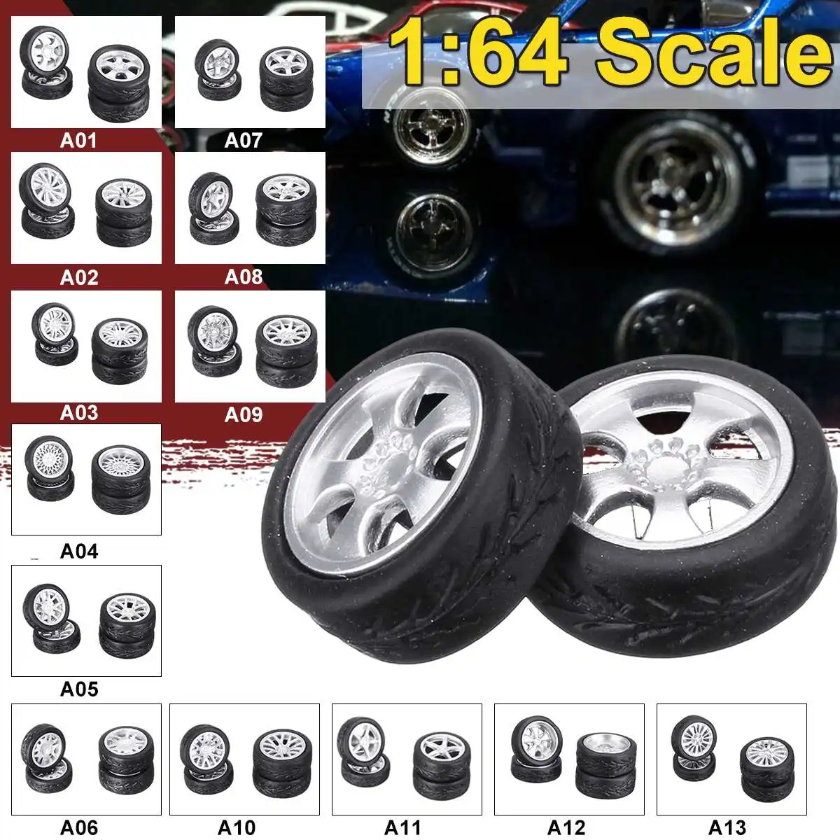 

4 Pcs/Set big+Small 1:64 Car Wheels Tire modified wheel A01-14 Style wheel rubber tire multi-card wind wheel Green light silver