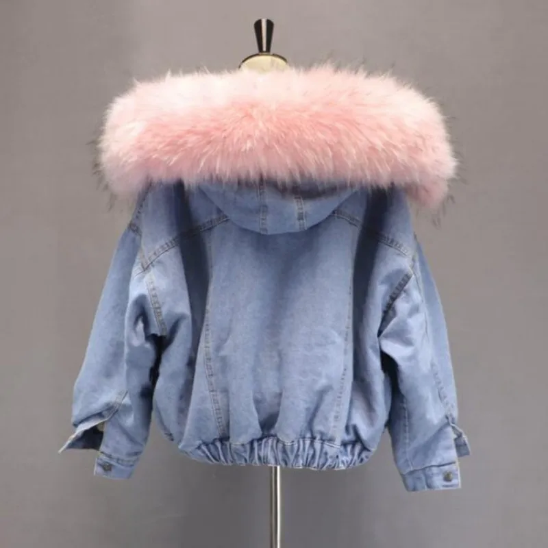 Promo New Autumn Winter Thick Warm Denim Jacket Female Faux Big Fur Collar Fleece Hooded Jean Jacket Wome