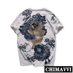 Японский Ukiyoshi Вишневый Карп вышитый плюс размер футболка с короткими рукавами Мужская и женская парная хлопковая футболка «Розовая