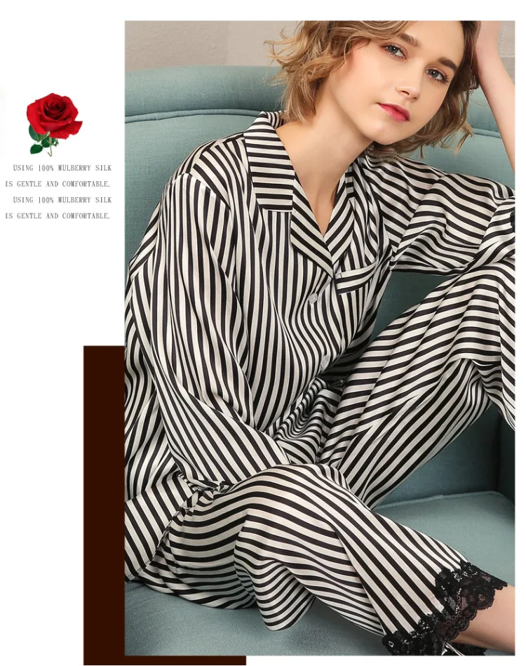 Шелковые женские пижамы черный полосатый 2019 женская летняя обувь 100% шелк пятно Домашняя одежда пикантные кружево пижамы для девочек брюки